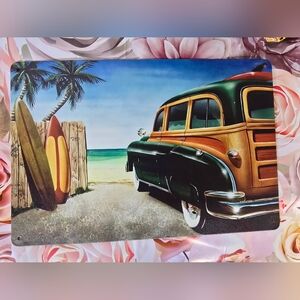 Vintage Car Beach Scene Metal Wall Art